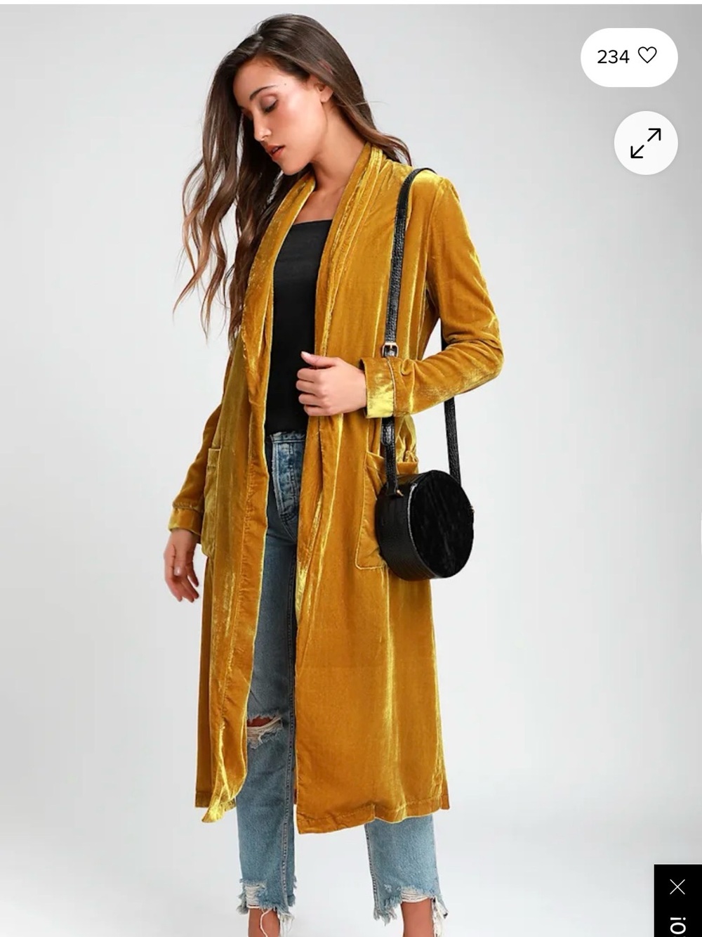 Astr Mustard Gold Velvet Duster Coat